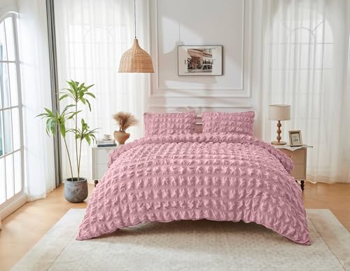 GC GAVENO CAVAILIA Seersucker Duvet Cover Sets - 3Piece Microfiber Bedding Duvet Cover Double & Pillow Cases - Breathable & Super Soft Bed Quilt Covers Set Button Closure, 200x200 Cm, Blush Pink