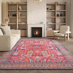 SAFAVIEH Traditional Rug Ideal for High Traffic Areas - Machine Washable and Non Slip - Tucson Collection, Short Pile, in Red and Blue, 183 X 274 cm