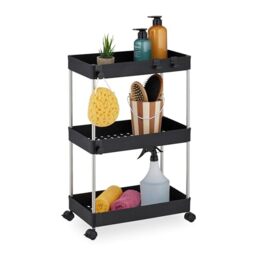 Relaxdays Niche Trolley, 3 Shelves, Narrow Kitchen & Bathroom Cart, HxWxD: 62 x 41.5 x 23.5 cm, Rolling Shelf, Black