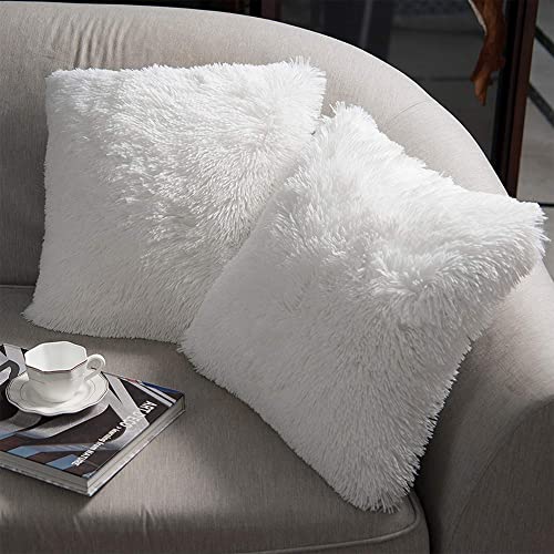 NordECO HOME Luxury Soft Faux Fur Fleece Throw Pillow Cover Decorative Pillow Cases, No Pillow Insert, 16 x 16 Inch, White, 2 Pack