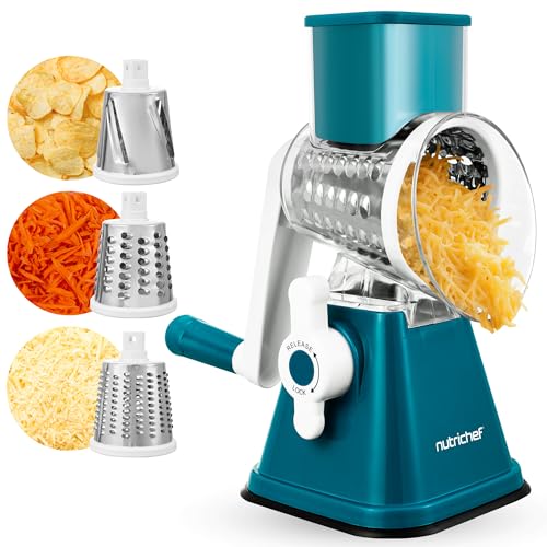 NutriChef Rotary Cheese Grater for Kitchen, Vegetable Slicer, 5 in 1, Blue - Hand Crank Shredder with Handle, 5 Stainless Steel Drums, Blade Storage Box, Strong Suction Base, For Carrot, Potato & Nuts