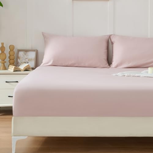 Homiest 3PCS Pure Cotton Fitted Sheet & Pillowcase Set, King Size, 400 Thread Count, Soft & Breathable, 15 Inch Deep Pocket, Luxury 5-Star Hotel Quality Cotton Sheets, Dusty Pink