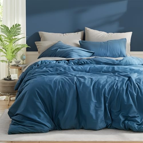 Cozaline 100% Cotton Comforter Set King Size ??? Dark Blue, Linen-Like Texture, Super Soft & Breathable Lightweight Bedding Set, 3-Piece Durable Percale Comforter for All Seasons