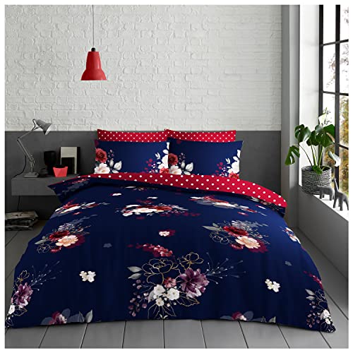 GC GAVENO CAVAILIA Easycare Polka Dot Bedding Set, Printed Flower Duvet Cover Double, Washable Floral Quilt Covers, Navy