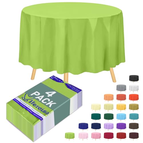 Hereisa Light Green Disposable Plastic Tablecloth Round 84 Inch - 4 Pack Waterproof Party Table Cover for Dining, Wedding, Outdoor Events