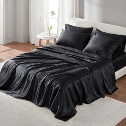 "Madison Park Essentials Satin Sheet Set Luxury and Silky with Natural Sheen, Elastic 14"" Pocket fits up to 16"" Mattress, All Around Elastic - Year-Round Bedding, Cal King, Black, 6 Piece"