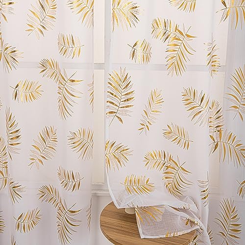 "Sutuo Home White Sheer Curtains 96 Inches Long 2 Panels Set, Gold Foil Print Metallic Bronzing Tropical Leaves, Privacy Window Treatment Decor Drape Pair for Bedroom Living Room 52"" W x 96"" L"