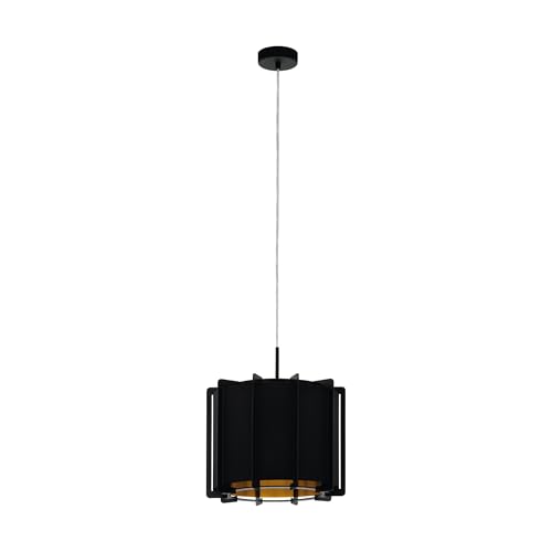 EGLO Pineta Pendant Light, 1 Bulb Modern Pendant Light Made of Steel, Wood and Textile in Black, Gold, Dining Table Lamp, Living Room Lamp Hanging with E27 Socket, Diameter 33 cm