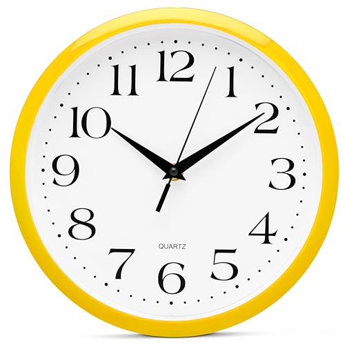 Bernhard Products Yellow Wall Clock 10 inch Silent Non Ticking Battery Operated Quartz Easy to Read Round Classroom Home Decor for Kids Playroom Baby Room Nursery Fun