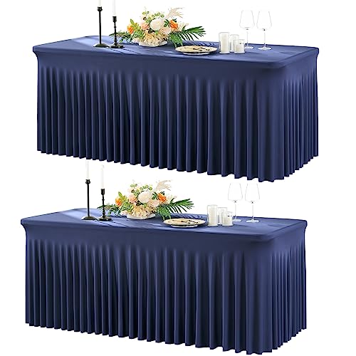 Htper 2 Pack Navy Blue Spandex Table Cloth for 6 Foot Rectangle Tables, Wrinkle Free Fitted Tablecloths with Skirt for Parties Weddings Birthday Banquet Baby Shower