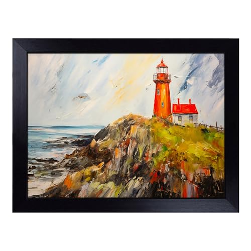 Lap Tray with Bean Bag Cushion, Lighthouse Gestural - Handmade in the UK, Raised Wooden Edge, Padded Cushion, Heat-Resistant Wipe-Clean Surface, for Meals, Laptops and Crafts