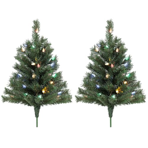 HOMCOM 60 cm Prelit Christmas Tree, 2 Packs, 130 Tips, Ground Stakes, Green - Artificial Christmas Trees with 60 Colourful LED Lights