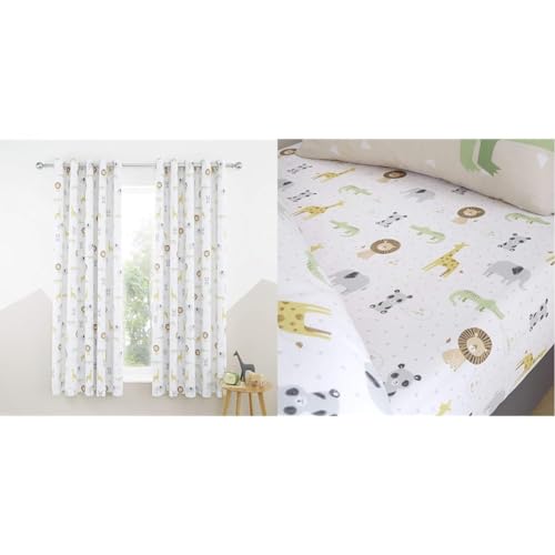 Catherine Lansfield Roarsome Animals 66x72 Inch Black Out Lined Eyelet Curtains Two Panels Natural & Kids Roarsome Animals Junior Fitted Sheet White