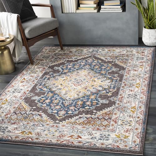Livabliss Casablanca Vintage Rug for Living Room, Dining & Kitchen 140x200 cm, Traditional Boho Design, Multicoloured Brown, Blue, Mustard, Rust, Easy Care Pile, Large Floor Covering