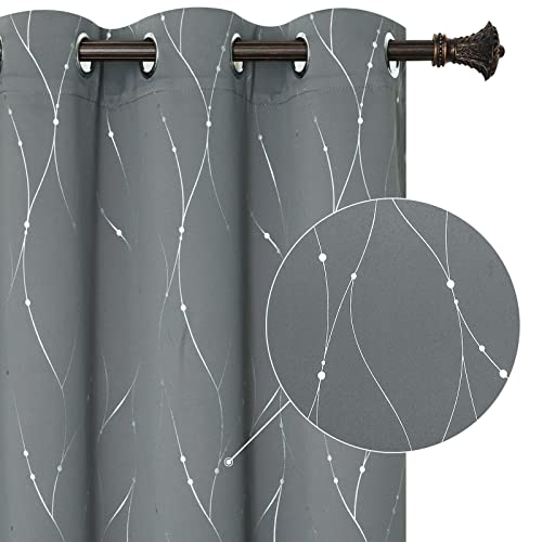 BUHUA Blackout Curtains Silver Foil Print Grommet Drapes, Room Darkening Thermal Insulated Curtains, Noise Reducing Blackout Curtain for Bedroom, Grey, 52Wx84L, 2 Panels