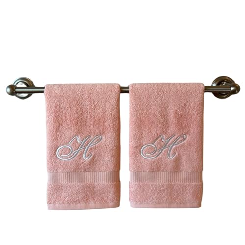 Pink Monogrammed Hand Towels for Bathroom - Luxury Hotel Quality Personalized Initial Embroidered Towel for Powder Room, Spa - GOTS Organic Certified - Set of 2 White Letter H
