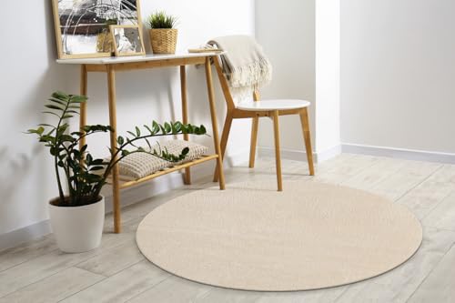 Mias Teppiche Comfort Modern Fluffy Short-Pile Carpet, Anti-Slip Backing, Washable up to 30 Degrees, Super Soft, Faux Fur Look, Beige, 160 cm round