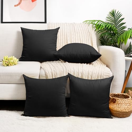 "Coddsmz 4 Pack Decorative 100% Cotton Pillow Covers Square Cushion Cover Solid DIY Halloween Christmas Throw Pillowcase for Home Bed Sofa Couch,Black,4 Pack-18"" x 18""/45x45cm (ONLY Covers)"