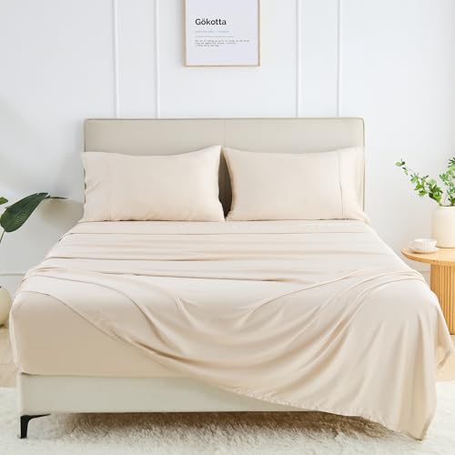 "GOKOTTA King Size Bed Sheets 4 Piece Set, Super Soft Bamboo Sheets, Cooling for Hot Sleepers - Hotel Luxury Silk Breathable Sheets, Deep Pocket Up to 16"" - Durable Double Stitched (Light Beige)"