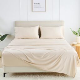 "GOKOTTA King Size Bed Sheets 4 Piece Set, Super Soft Bamboo Sheets, Cooling for Hot Sleepers - Hotel Luxury Silk Breathable Sheets, Deep Pocket Up to 16"" - Durable Double Stitched (Light Beige)"