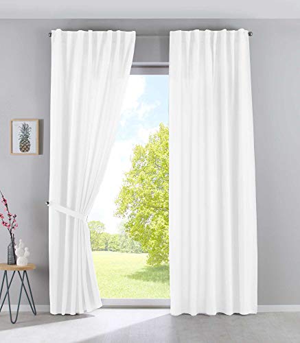 Gardinenbox Cationic Jena Opaque Linen Look Curtains Mottled Curtain Tape with Tie Backs, 100% Polyester, White, H x W 225 x 140 cm