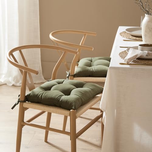Yard furn Slub Cotton Seat Pads – Pack of 2 – Neutral Relaxed Minimalist Soft Washed Cotton Tie Chair Cushions (Lichen – 40x40cm)
