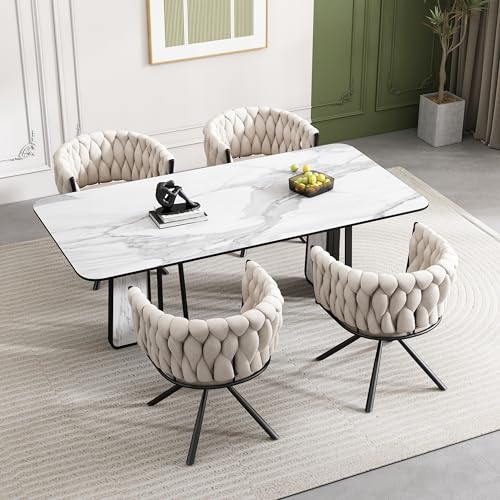 Merax Dining Chairs Set of 4, Modern Upholstered Seat for Kitchen, Living Room, or Bedroom, Featuring a Light Luxury Leisure Swivel Design with Sturdy Metal Legs and Soft Velvet Upholstery, Beige