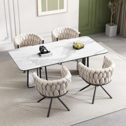 Merax Dining Chairs Set of 4, Modern Upholstered Seat for Kitchen, Living Room, or Bedroom, Featuring a Light Luxury Leisure Swivel Design with Sturdy Metal Legs and Soft Velvet Upholstery, Beige