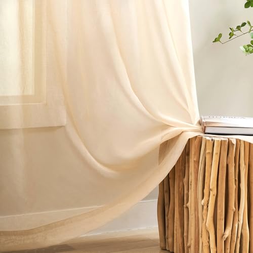"MYSTIC-HOME Taupe Sheer Curtains 84 Inches Long, Rod Pocket Sheer Drapes Bedroom, 2 Panels, Semi Crinkle Voile Window Treatments Parlor, Taupe, 52"" Wx84 L"
