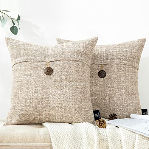 Phantoscope Linen Decorative Throw Pillow Case Cushion Cover Button Beige Set of 2