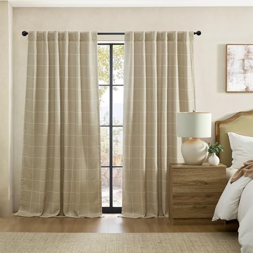 "Elrene Home Fashions Sawyer Windowpane Plaid Blackout Window Curtain Panel with Rod Pocket/Back Tabs for Living Room/Bedroom/Office, 52""x95"", Sand"