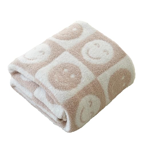Brnabiou Ultra Soft Cozy Happy Smiling Face Checkered Knitted Throw Blanket Fluffy Microfiber Checkerboard Bed Blanket Lightweight Both Sides Blanket for Couch Sofa Bed (Smile Cream, Throw 50“x60”)