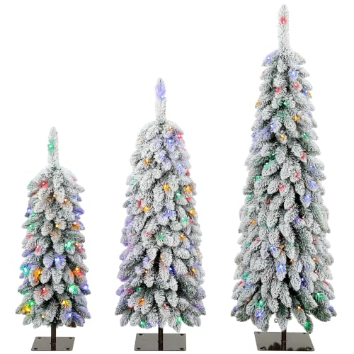HOMCOM Artificial Christmas Tree Set of 3, PVC Branch Tips, Green White - Snowy Pre-Lit Christmas Tree with Multicolour LED Lights, Pre-Lit Slim Pencil Xmas Decoration, 90/120/150 cm