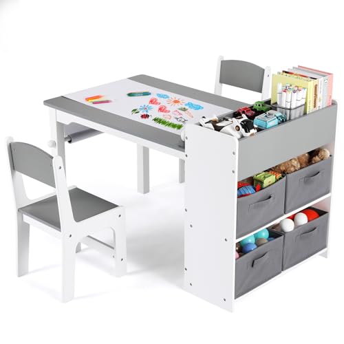 Clevich Kids Table and Chairs, 2 in 1 Children Table and Chair Set, Wooden Kids Craft Table Chairs Set, Children Art Desk with Paper Rolls and 4 Storage Boxes for Drawing, Learning