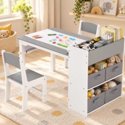 Clevich Kids Table and Chairs, 2 in 1 Children Table and Chair Set, Wooden Kids Craft Table Chairs Set, Children Art Desk with Paper Rolls and 4 Storage Boxes for Drawing, Learning