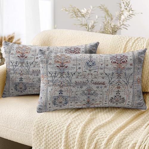 ZSYTZL Boho Throw Pillow Covers 12x20 inch Set of 2,Soft Pillowcases Bohemia Carpet Pattern Decorative Sofa Living Room Bed Square Pillow Case Cushion Cover-Gray Flower