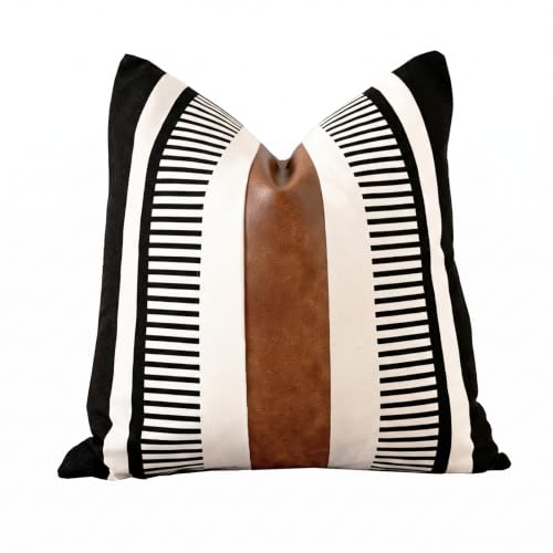 Vfuty Farmhouse Decorative Throw Pillow Cover for Sofa Couch Accent Faux Leather Square Cushion Cover Tribal Stripe Boho Pillow Case 18 x 18 Inch,Black
