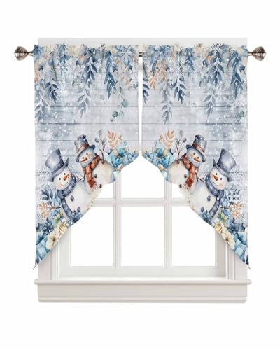 "BEMIGO Christmas Eucalyptus Leaves Curtain Valance for Window, Farmhouse Swag Curtains, Cute Snowman Valance for Kitchen Bathroom Bedroom, Rod Pocket Window Valance Curtains Over Sink 28"" W x 36"" L"