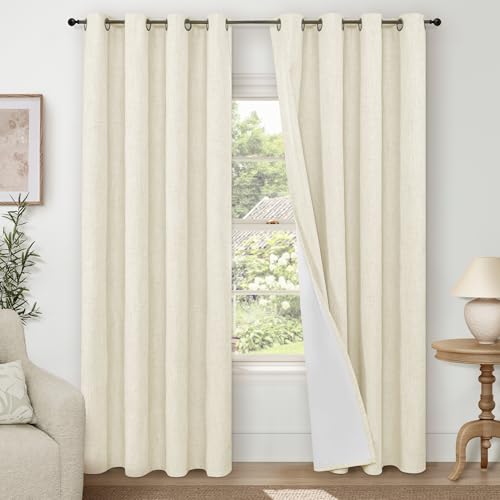 "Lajode Cream 100% Blackout Curtains for Living Room 84 Inch Length 2 Panels Set, Thermal Insulated Light Blocking Faux Linen Curtains for Bedroom, Bronze Grommet Boho Window Drape Each 52"" Wide"