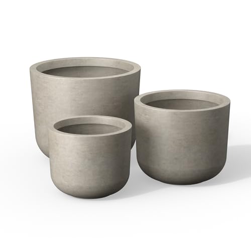 "Kante 13"",11"",9"" Dia Weathered Concrete Round Planters (Set of 3), Outdoor Indoor Modern Planter Pots, Lightweight, Weather Resistant, Seamless with Drainage Hole"