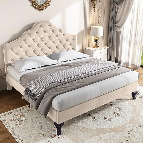 Merax Upholstered Double Bed, 4FT6 Bed Frame with Height-Adjustable Headboard and Wooden Slat Support, Comfortable Backrest, Easy Assembly, Velvet, Beige, 135x190cm
