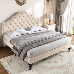 Merax Upholstered Double Bed, 4FT6 Bed Frame with Height-Adjustable Headboard and Wooden Slat Support, Comfortable Backrest, Easy Assembly, Velvet, Beige, 135x190cm