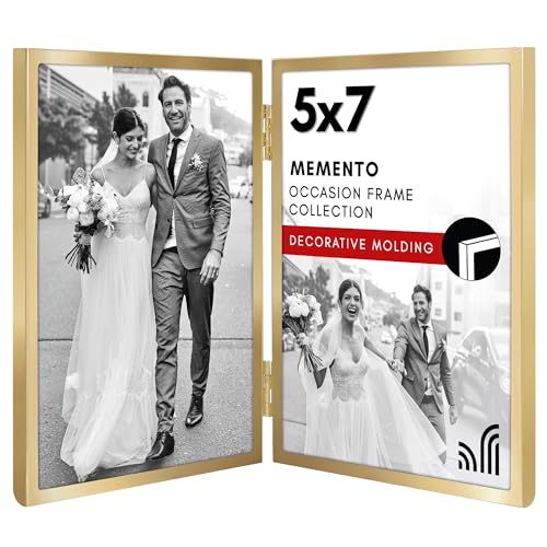 Americanflat Hinged 5x7 Picture Frame with Shatter-Resistant Glass - Modern Metal Picture Frame Displays Two 5x7 Photos - Elegant Photo Frames for Tabletop Display - Gold