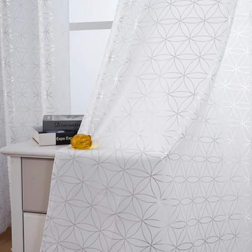 "Taisier Home Silver Linen Grommet Window Curtain Panels Metallic Geo Moroccan Tile Foil Print White Semi Sheer Draperies for Bedroom Living Room,Light Filtering Window Treatments,52"" Wx84 L,2 Panels"