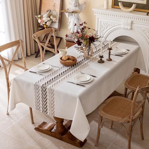 Joyfol Day Linen Tablecloths for Rectangle Table, Heavy Duty Beige Embroidery Tablecloths, Burlap Farmhouse Tablecloth, Waterproof and Wrinkle Free Table Cover, 70''x 55''