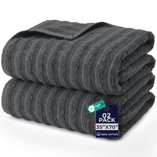 Dan River Pack of 2 Bath Sheet 35x70 Inches, Extra Large Ribbed Gray Bath Towels Oversized, Absorbent Cotton Towels for Bathroom