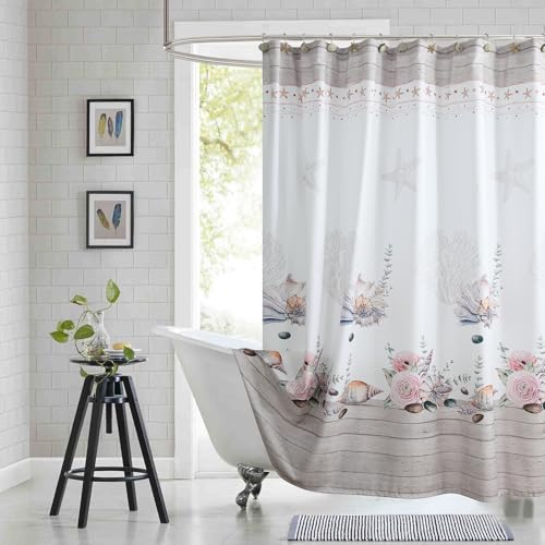 BESTRIPES 90 Inch Coastal Farmhouse Shower Curtain, Extra Long Waterproof with Wood Grain & Ocean Print, 12 Metal Grommets & Weighted Hem, Natural/White