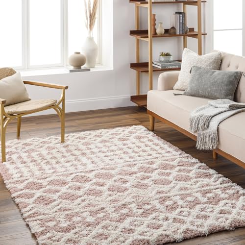 Livabliss Nour Dubai Shaggy Carpet 130x170 cm – Modern Berber Style for Living Room & Bedroom, Soft Plush Thick Pile, Easy Care Floor Covering, Dusty Pink White