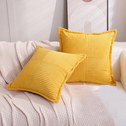 Puncuntex Corduroy Throw Pillow Covers Set of 2 Boho Decorative Yellow 16??16 Inch,Super Soft Pillowcase Cozy Striped Texture Cushion Cover for Couch,Sofa,Farmhouse,Living Room