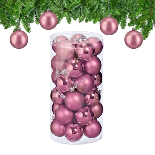 Relaxdays Christmas Bauble Set of 30, Glittery, Matt & Shiny Ornaments, Plastic Xmas Tree Balls, HxD: 7 x 6 cm, Pink